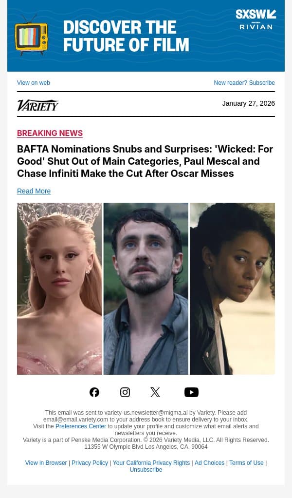 BAFTA Nominations Snubs and Surprises: 'Wicked: For Good' Shut Out of Main Categories, Paul Mescal and Chase Infiniti Make the Cut After Oscar Misses email from Variety screenshot