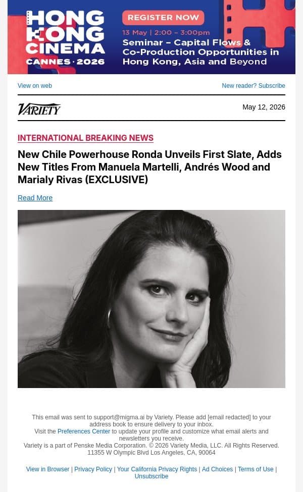 New Chile Powerhouse Ronda Unveils First Slate, Adds New Titles From Manuela Martelli, Andrés Wood and Marialy Rivas (EXCLUSIVE) email from Variety screenshot