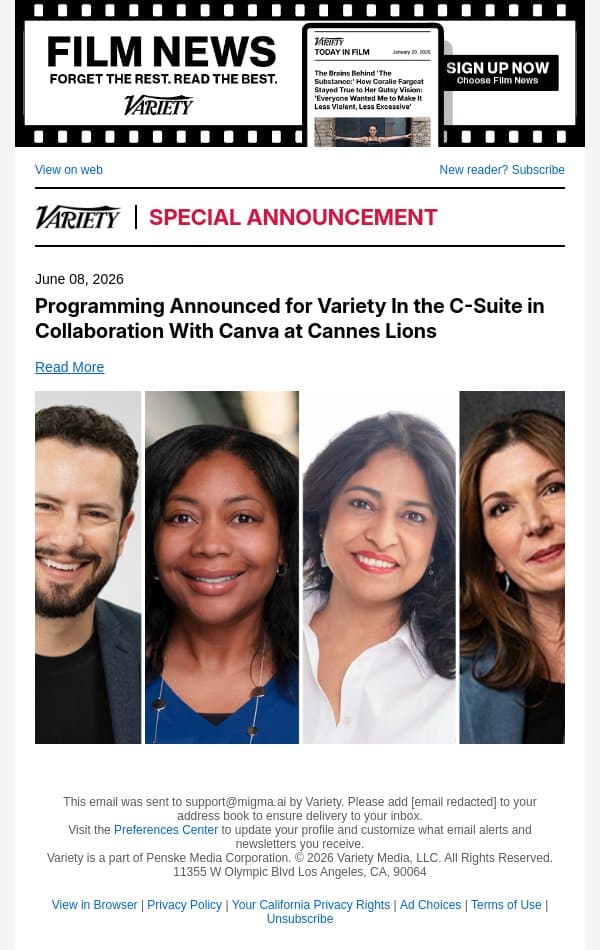 Programming Announced for Variety In the C-Suite in Collaboration With Canva at Cannes Lions email from Variety screenshot