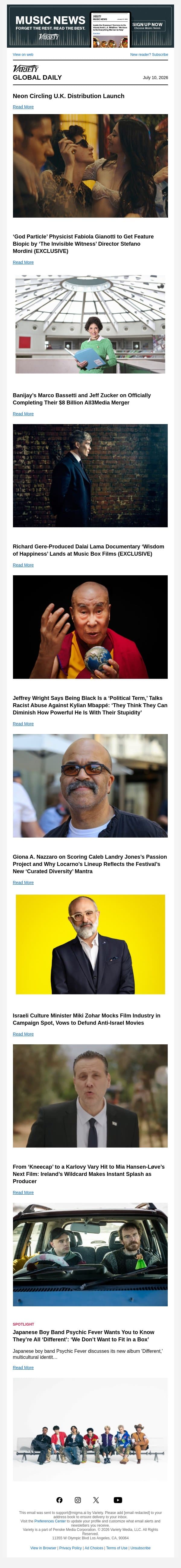 Neon's U.K. Distribution Plans; 'God Particle' Physicist Biopic; Banijay-All3Media Merger Complete email from Variety screenshot