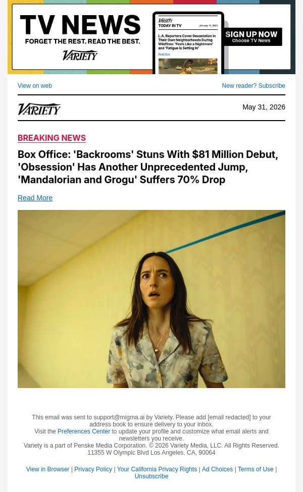 Box Office: 'Backrooms' Stuns With $81 Million Debut, 'Obsession' Has Another Unprecedented Jump, 'Mandalorian and Grogu' Suffers 70% Drop email from Variety screenshot