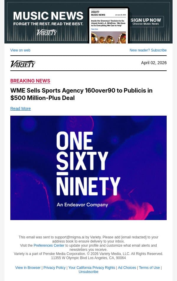 WME Sells Sports Agency 160over90 to Publicis in $500 Million-Plus Deal email from Variety screenshot