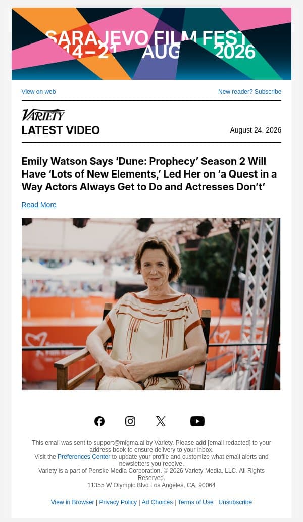 Emily Watson Says ‘Dune: Prophecy’ Season 2 Will Have ‘Lots of New Elements,’ Led Her on ‘a Quest in a Way Actors Always Get to Do and Actresses Don’t’ email from Variety screenshot