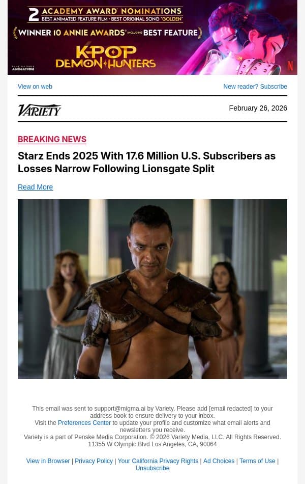 Starz Ends 2025 With 17.6 Million U.S. Subscribers as Losses Narrow Following Lionsgate Split email from Variety screenshot