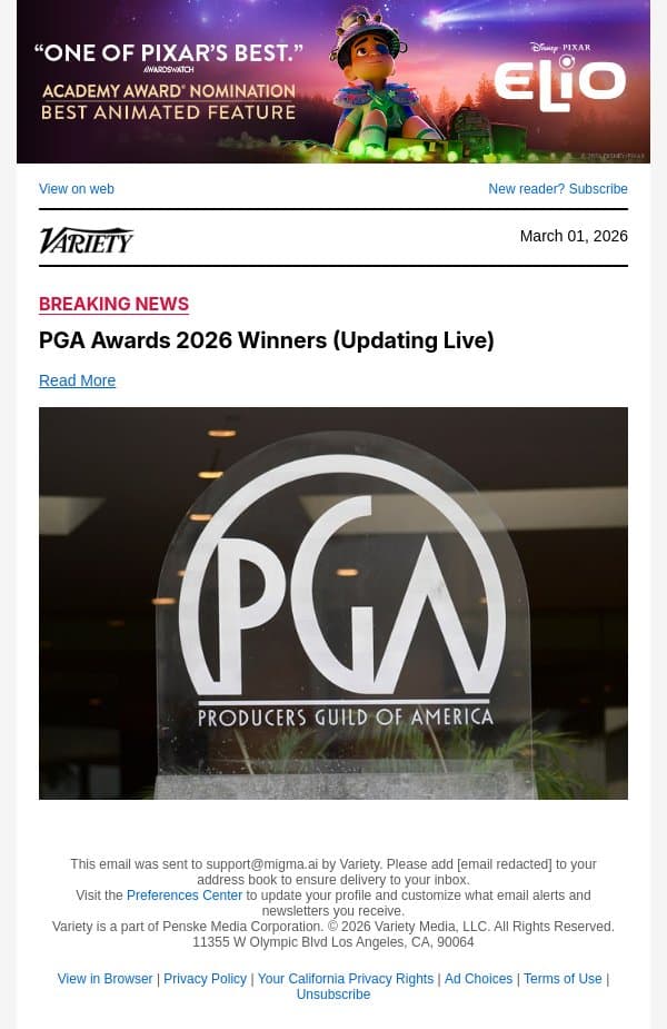'The Pitt' Wins Producers Guild Award for Episodic Television -- Drama email from Variety screenshot