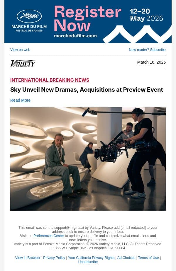 Sky Unveil New Dramas, Acquisitions at Preview Event email from Variety screenshot
