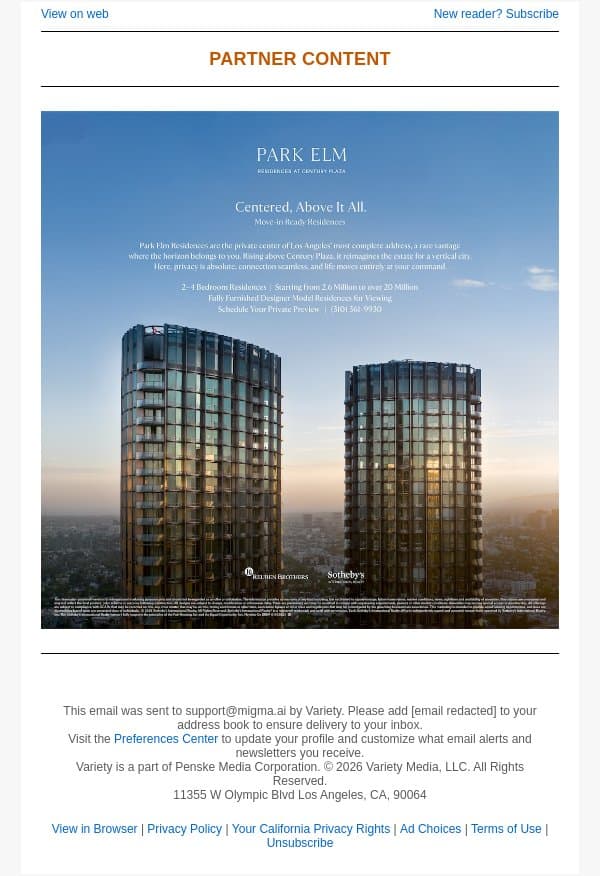 Park Elm Residences: A Bespoke Collection of Move-in Ready Residences email from Variety screenshot