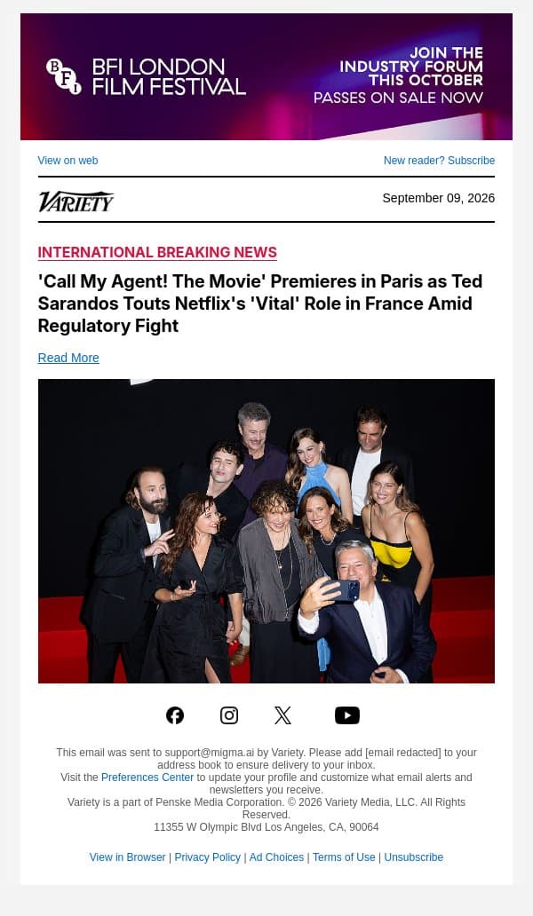 'Call My Agent! The Movie' Premieres in Paris as Ted Sarandos Touts Netflix's 'Vital' Role in France Amid Regulatory Fight email from Variety screenshot