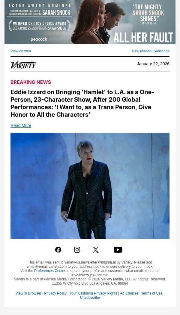 Eddie Izzard on Bringing 'Hamlet' to L.A. as a One-Person, 23-Character Show, After 200 Global Performances: 'I Want to, as a Trans Person, Give Honor to All the Characters' email from Variety screenshot