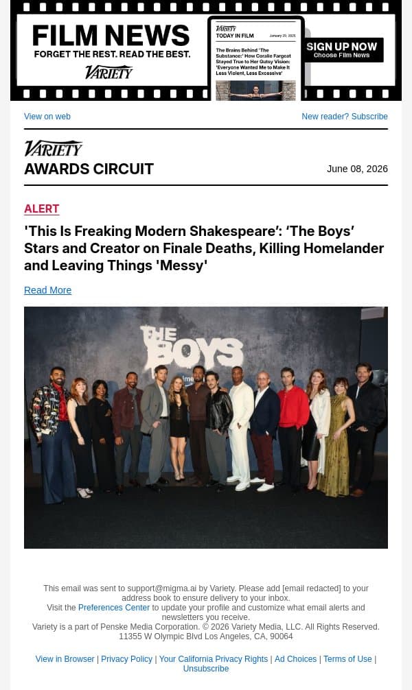 'This Is Freaking Modern Shakespeare’: ‘The Boys’ Stars and Creator on Finale Deaths, Killing Homelander and Leaving Things 'Messy' email from Variety screenshot