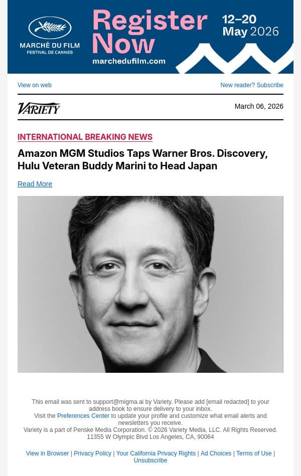 Amazon MGM Studios Taps Warner Bros. Discovery, Hulu Veteran Buddy Marini to Head Japan email from Variety screenshot