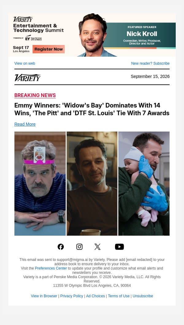 Emmy Winners: 'Widow's Bay' Dominates With 14 Wins, 'The Pitt' and 'DTF St. Louis' Tie With 7 Awards email from Variety screenshot