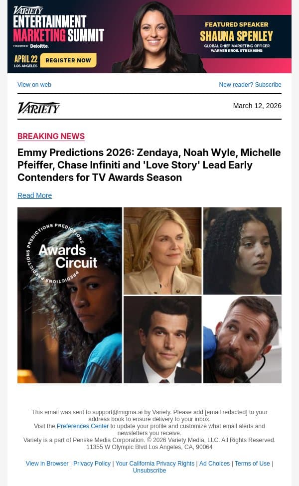 Emmy Predictions 2026: Zendaya, Noah Wyle, Michelle Pfeiffer, Chase Infiniti and 'Love Story' Lead Early Contenders for TV Awards Season email from Variety screenshot