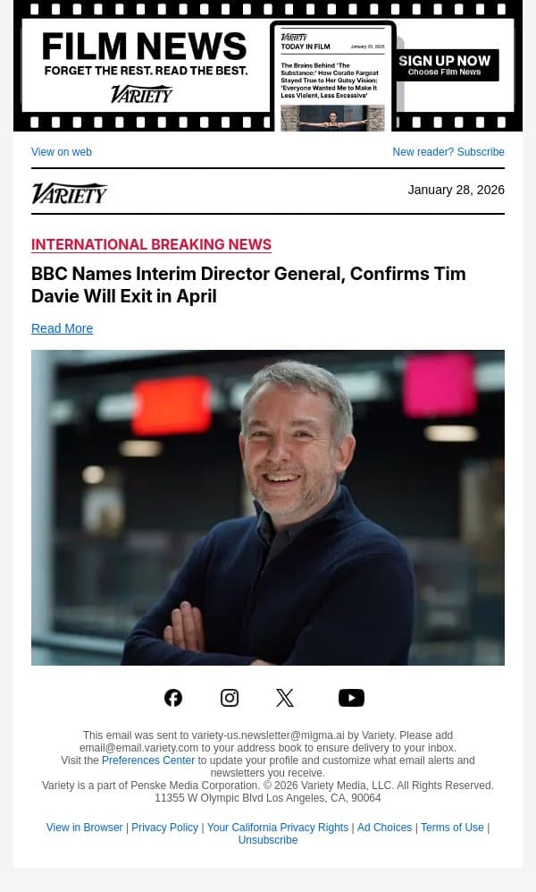 BBC Names Interim Director General, Confirms Tim Davie Will Exit in April email from Variety screenshot