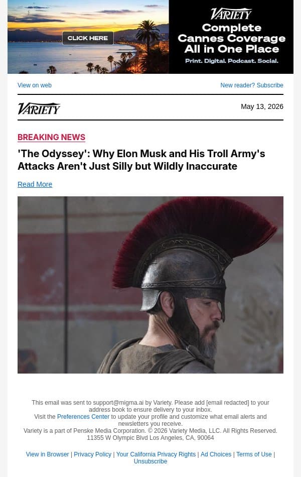'The Odyssey': Why Elon Musk and His Troll Army's Attacks Aren't Just Silly but Wildly Inaccurate email from Variety screenshot