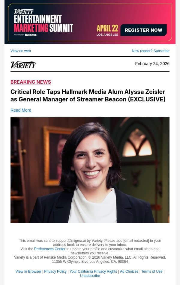Critical Role Taps Hallmark Media Alum Alyssa Zeisler as General Manager of Streamer Beacon (EXCLUSIVE) email from Variety screenshot