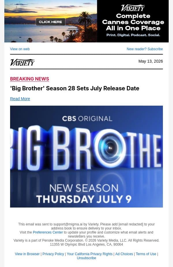 'Big Brother' Season 28 Sets July Release Date email from Variety screenshot