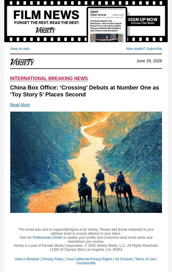 China Box Office: ‘Crossing’ Debuts at Number One as ‘Toy Story 5’ Places Second email from Variety screenshot
