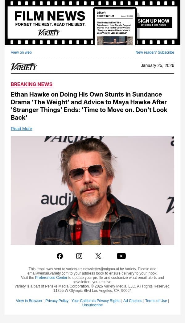 Ethan Hawke on Doing His Own Stunts in Sundance Drama 'The Weight' and Advice to Maya Hawke After 'Stranger Things' Ends: 'Time to Move on. Don't Look Back' email from Variety screenshot