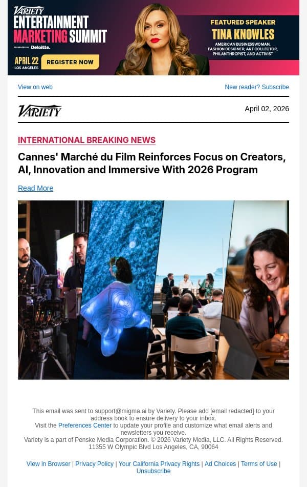 Cannes' Marché du Film Reinforces Focus on Creators, AI, Innovation and Immersive With 2026 Program email from Variety screenshot