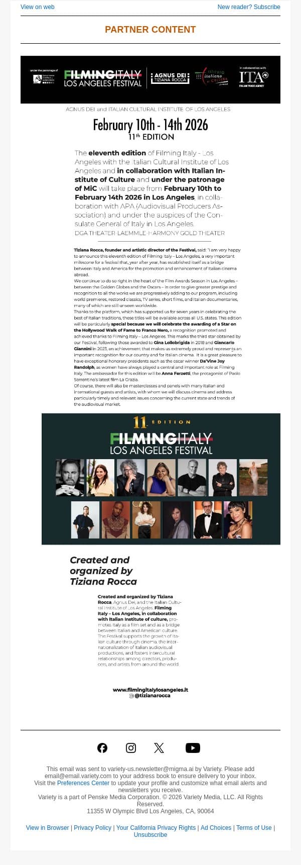 February 10th – 14th 2026 | 11th Edition – Filming Italy Los Angeles Festival email from Variety screenshot