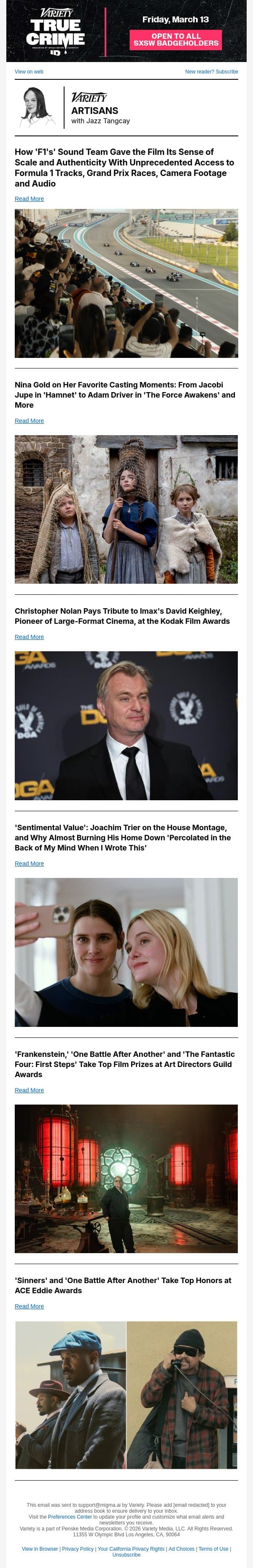 The Sounds of 'F1'; Christopher Nolan Honors Imax Pioneer; Nina Gold Picks Her Top 5 Casting Moments email from Variety screenshot