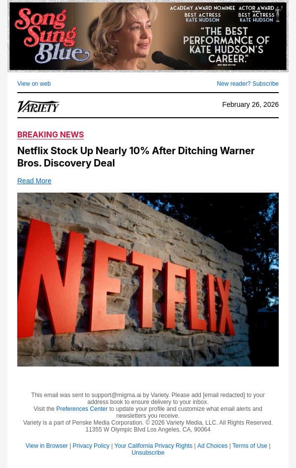 Netflix Stock Up Nearly 10% After Ditching Warner Bros. Discovery Deal email from Variety screenshot