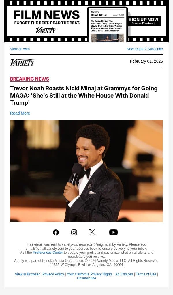 Trevor Noah Roasts Nicki Minaj at Grammys for Going MAGA: 'She's Still at the White House With Donald Trump' email from Variety screenshot