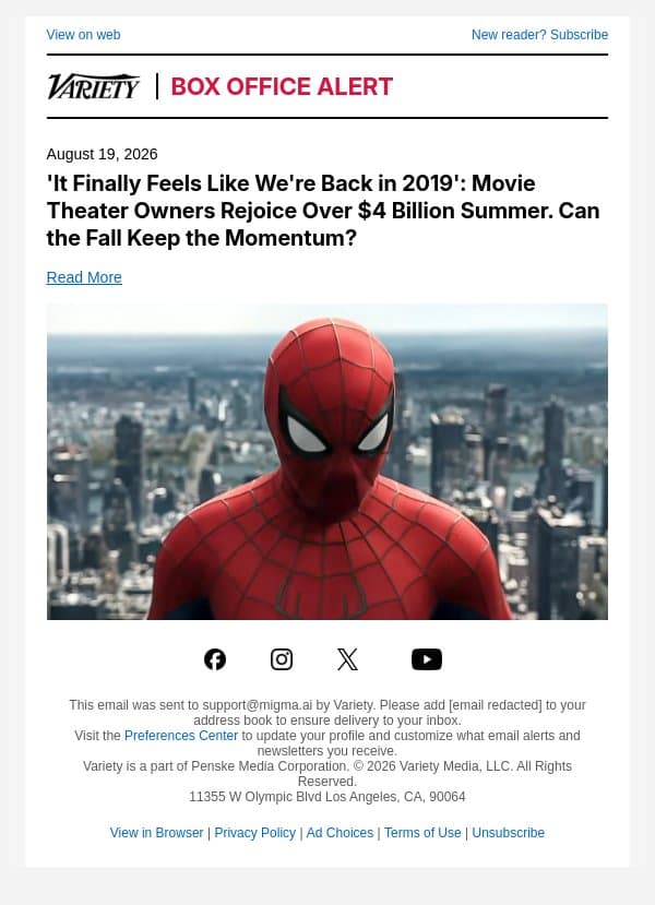 'It Finally Feels Like We're Back in 2019': Movie Theater Owners Rejoice Over $4 Billion Summer. Can the Fall Keep the Momentum? email from Variety screenshot