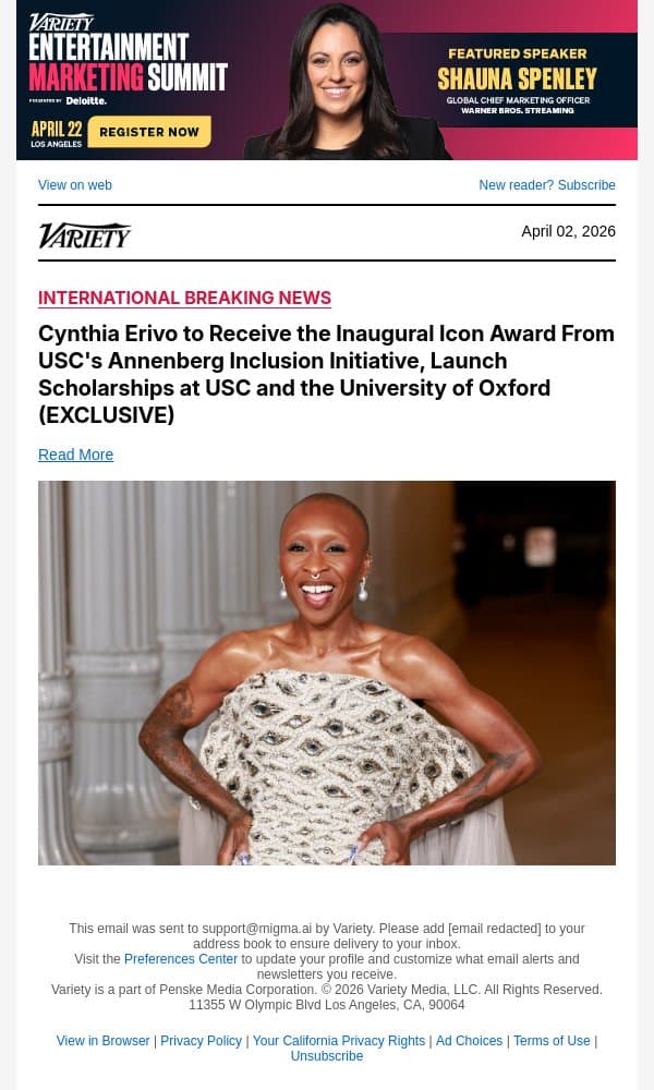 Cynthia Erivo to Receive the Inaugural Icon Award From USC's Annenberg Inclusion Initiative, Launch Scholarships at USC and the University of Oxford (EXCLUSIVE) email from Variety screenshot