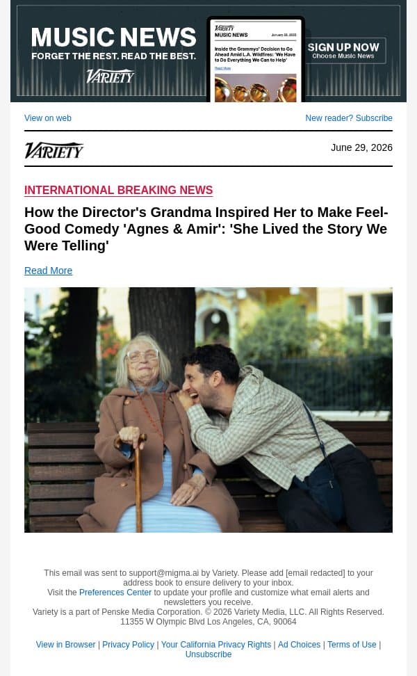 How the Director's Grandma Inspired Her to Make Feel-Good Comedy 'Agnes and Amir': 'She Lived the Story We Were Telling' email from Variety screenshot