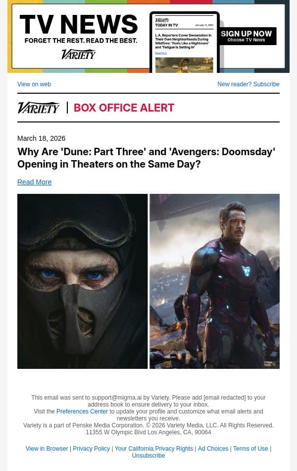 Why Are 'Dune: Part Three' and 'Avengers: Doomsday' Opening in Theaters on the Same Day? email from Variety screenshot