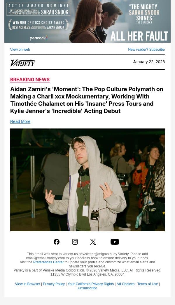 Aidan Zamiri's 'Moment': The Pop Culture Polymath on Making a Charli xcx Mockumentary, Working With Timothée Chalamet on His 'Insane' Press Tours and Kylie Jenner's 'Incredible' Acting Debut email from Variety screenshot