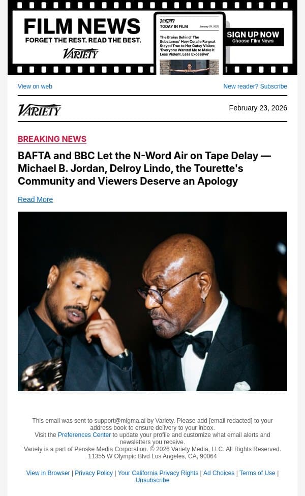 BAFTA and BBC Let the N-Word Air on Tape Delay — Michael B. Jordan, Delroy Lindo, the Tourette's Community and Viewers Deserve an Apology email from Variety screenshot
