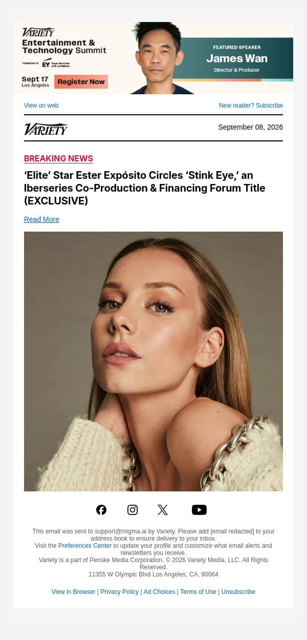‘Elite’ Star Ester Expósito Circles ‘Stink Eye,’ an Iberseries Co-Production & Financing Forum Title (EXCLUSIVE) email from Variety screenshot