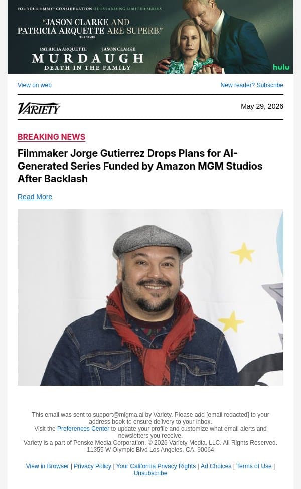 Filmmaker Jorge Gutierrez Drops Plans for AI-Generated Series Funded by Amazon MGM Studios After Backlash email from Variety screenshot