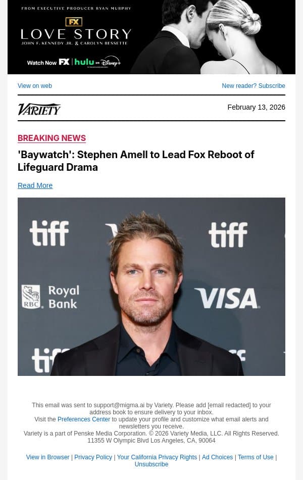 'Baywatch': Stephen Amell to Lead Fox Reboot of Lifeguard Drama email from Variety screenshot