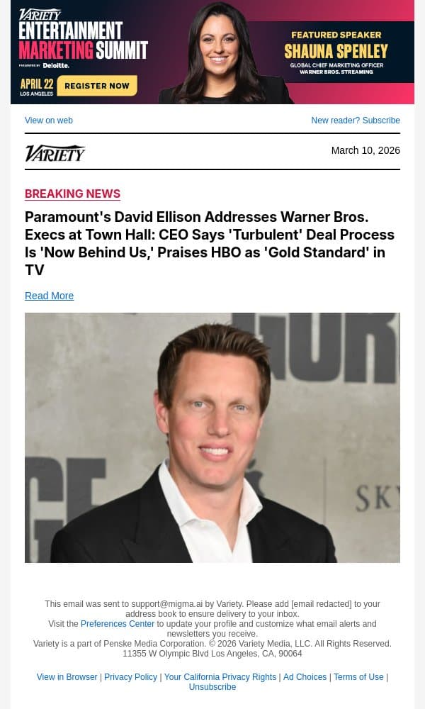 Paramount's David Ellison Addresses Warner Bros. Execs at Town Hall: CEO Says 'Turbulent' Deal Process Is 'Now Behind Us,' Praises HBO as 'Gold Standard' in TV email from Variety screenshot