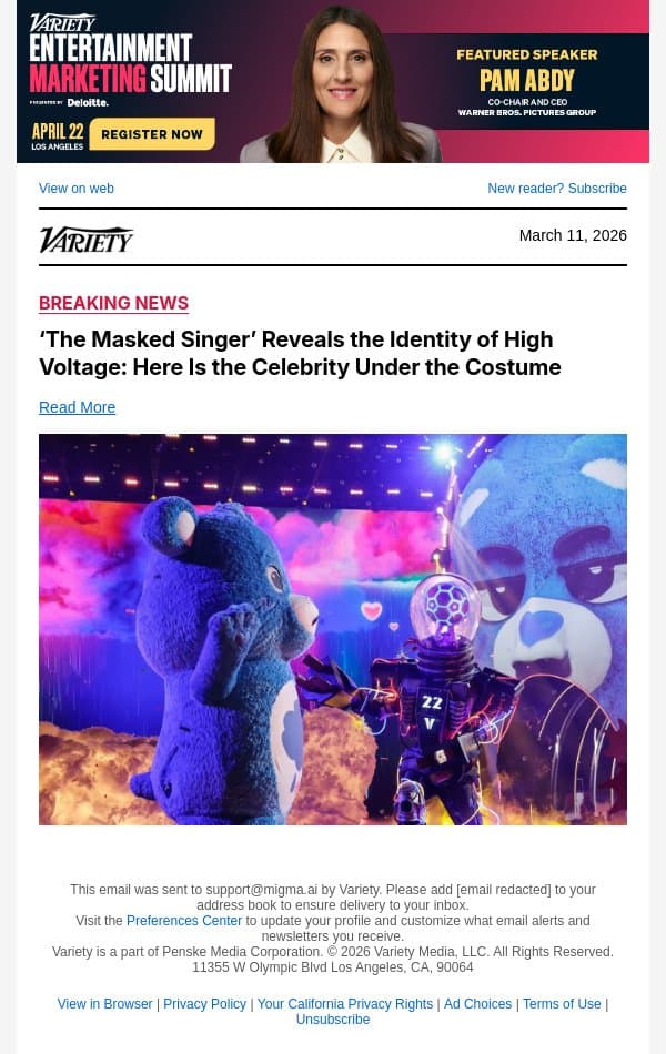 ‘The Masked Singer’ Reveals the Identity of High Voltage: Here Is the Celebrity Under the Costume email from Variety screenshot