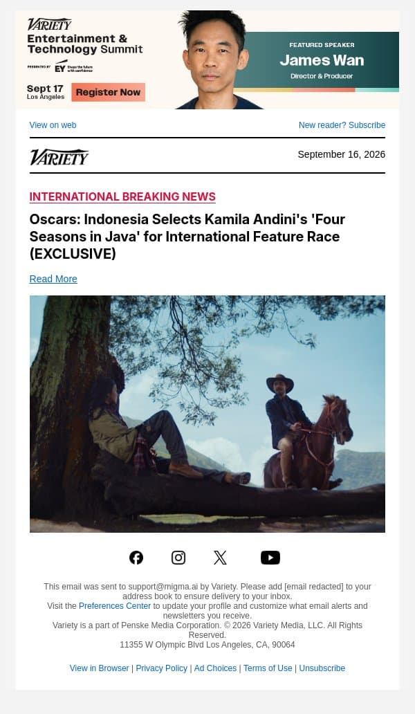 Oscars: Indonesia Selects Kamila Andini's 'Four Seasons in Java' for International Feature Race (EXCLUSIVE) email from Variety screenshot
