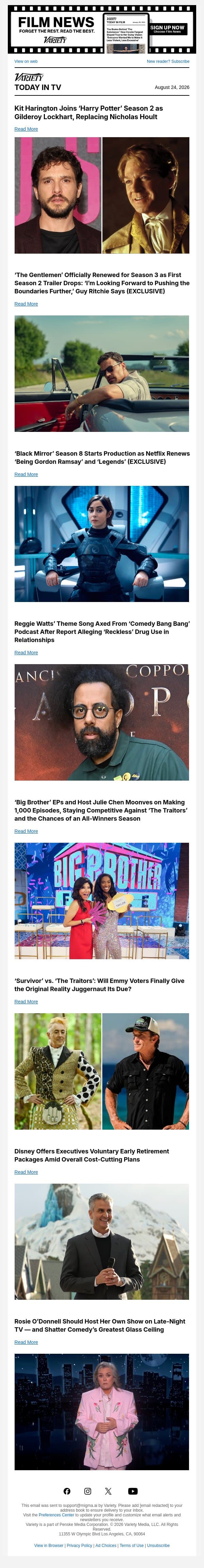 Kit Harington Joins ‘Harry Potter’ S2; ‘The Gentlemen’ Renewed; ‘Black Mirror’ S8 Starts Production email from Variety screenshot