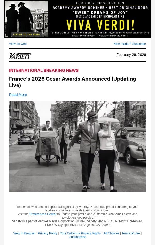 France's 2026 Cesar Awards Announced (Updating Live) email from Variety screenshot