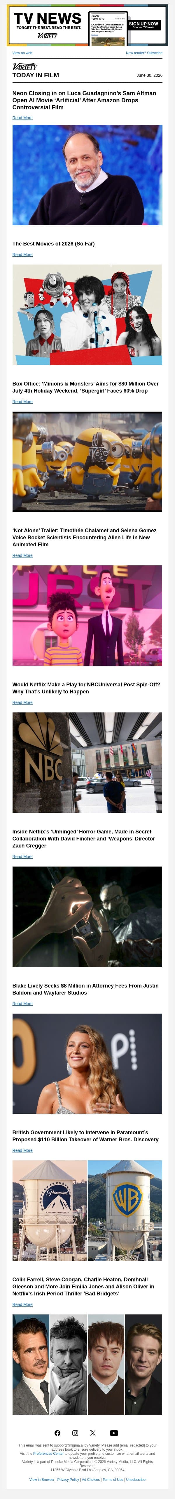 Neon Closing in on ‘Artificial’; The Best Movies of 2026 (So Far); Box Office Preview email from Variety screenshot