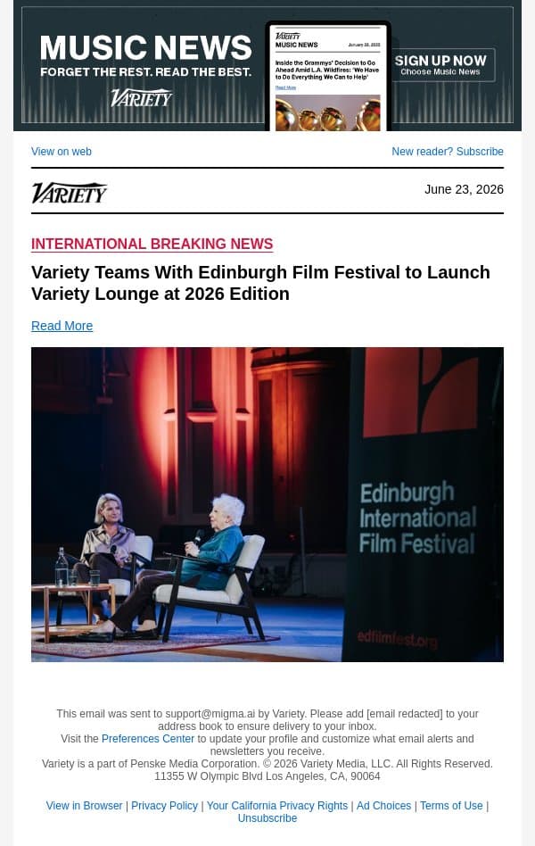 Variety Teams With Edinburgh Film Festival to Launch Variety Lounge at 2026 Edition email from Variety screenshot