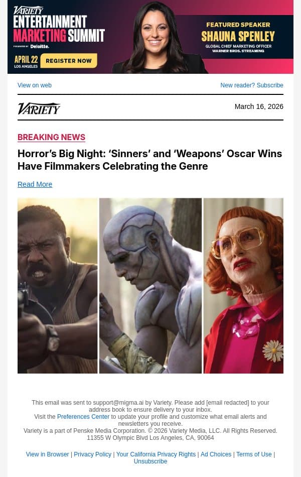 Horror’s Big Night: ‘Sinners’ and ‘Weapons’ Oscar Wins Have Filmmakers Celebrating the Genre email from Variety screenshot