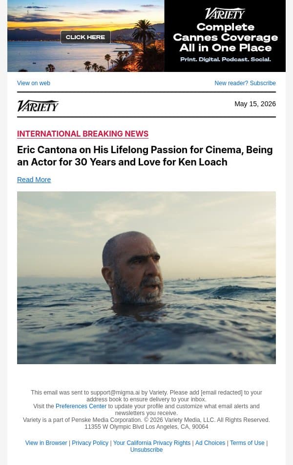 Eric Cantona on His Lifelong Passion for Cinema, Being an Actor for 30 Years and Love for Ken Loach email from Variety screenshot