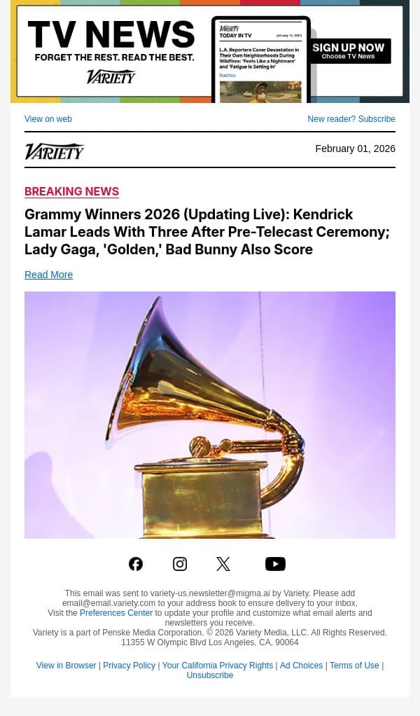 Bad Bunny Wins Grammy for Best Música Urbana Album email from Variety screenshot