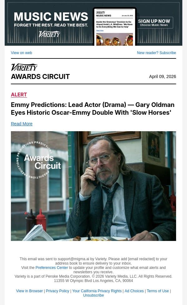 Emmy Predictions: Lead Actor (Drama) — Gary Oldman Eyes Historic Oscar-Emmy Double With 'Slow Horses' email from Variety screenshot