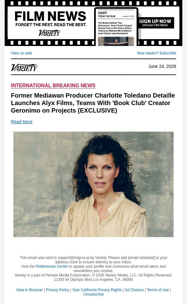Former Mediawan Producer Charlotte Toledano Detaille Launches Alyx Films, Teams With 'Book Club' Creator Geronimo on Projects (EXCLUSIVE) email from Variety screenshot