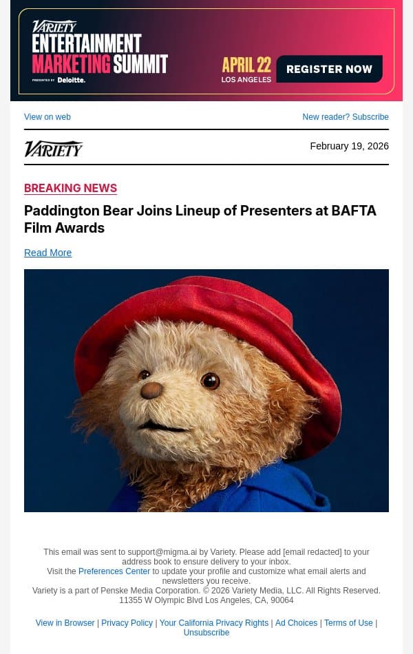 Paddington Bear Joins Lineup of Presenters at BAFTA Film Awards email from Variety screenshot